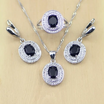 Модный комплект ювелирных изделий из черного и белого хрусталя CZ, ювелирные изделия из серебра 925 пробы для женщин, серьги/кулон/ожерелье/кольца, бесплатная коробка T60