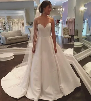 2023 Очаровательные свадебные платья трапециевидной формы со шлейфом и шнуровкой сзади, Атласные свадебные платья Vestido De Novia