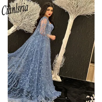 Роскошное Вечернее платье из Дубая с украшением в виде кристаллов и накидкой, Синие Арабские Вечерние платья для выпускного вечера