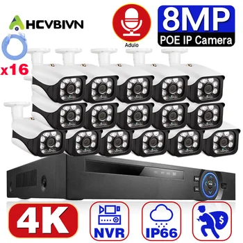 H.265 + POE Система Видеонаблюдения 16CH Наружная 8-Мегапиксельная Аудио PoE IP-камера IR-CUT Дневного Ночного Видения P2P Комплект Видеонаблюдения XMEye