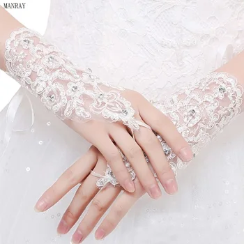 MANRAY Veu De Noiva, блестящие кружевные атласные короткие свадебные перчатки с бисером, Элегантные свадебные перчатки без пальцев, белые свадебные аксессуары