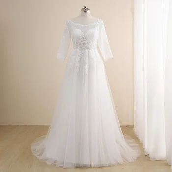 Изысканные кружевные свадебные платья Больших размеров с круглым вырезом и длинными рукавами, Прозрачное женское свадебное платье трапециевидной формы большого размера
