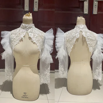 Свадебный жакет с рюшами на рукавах, Кружевное Тюлевое Свадебное Болеро, Накидка на Плечи, 2023 Аппликации, Свадебное пальто