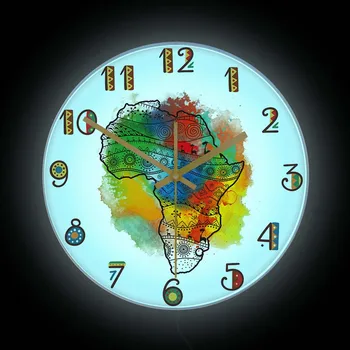 Текстурированная карта Африки, Настенные часы с акварельным принтом, Домашний декор, красочная карта Африканских племен, светодиодный ночник, светящиеся часы