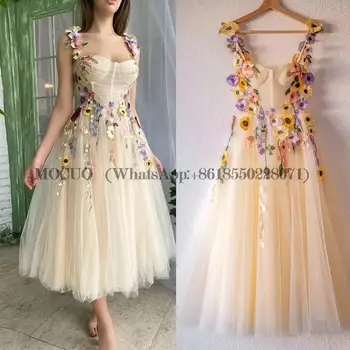 Легкие платья для выпускного вечера цвета шампанского, тюль, Сексуальные 3D цветы, бретельки с квадратным вырезом, вечернее платье длиной до чая, Женское платье Vestido