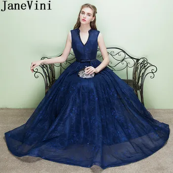 JaneVini Темно-Синее Кружевное Свадебное Платье для Женщин, Расшитое бисером, с V-образным вырезом, Сексуальные Платья Подружек Невесты с замочной скважиной На Спине, Длинные Вечерние Платья 2020