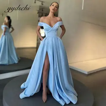 2022 Синие платья для выпускного вечера с V-образным вырезом и открытыми плечами, Элегантное вечернее платье на пуговицах, Сексуальное Бальное платье с высоким разрезом для вечеринки