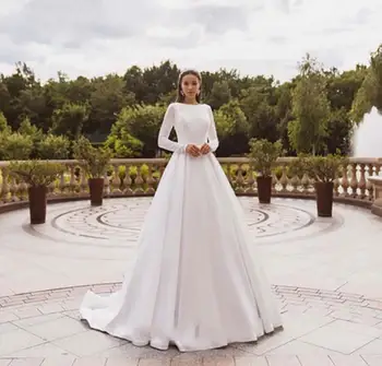 Элегантные Атласные Свадебные платья, Кружевное платье Невесты с длинным рукавом, Мусульманское Свадебное платье с закрытой спиной, Vestido de novia 2022