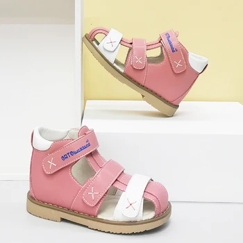 Милые детские модные сандалии с плоскостопием Для маленьких девочек, летняя кожаная обувь для малышей на весну, ортопедическая обувь розового стильного цвета