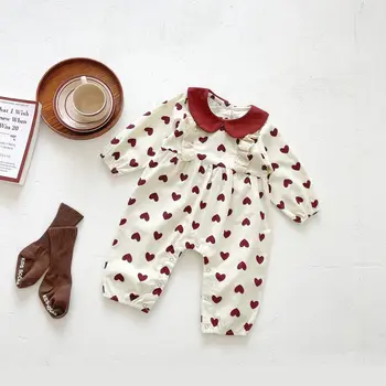 Детский комбинезон с принтом сердца 0-24 м, Одежда для новорожденных девочек, Элегантный хлопковый комбинезон с длинными рукавами, Весенняя детская одежда