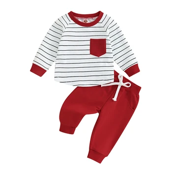 Комплект штанов для маленьких мальчиков, футболка в полоску с круглым вырезом и длинными рукавами и штаны с эластичной резинкой на талии, одежда для младенцев