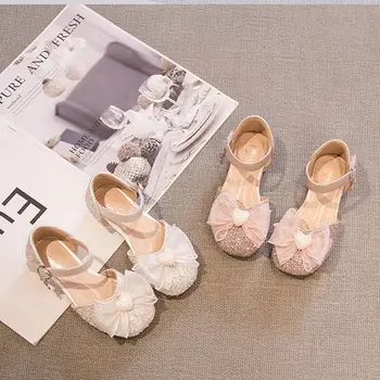 Обувь принцессы 2023, Новая Детская Кожаная обувь с бантом из Цельного хрусталя, Розовая школьная обувь для девочек, Резиновая обувь с бабочкой