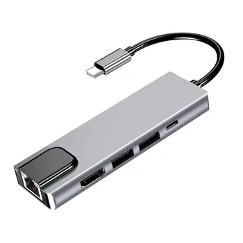 USB 6-в-1 USB-C Type-C Hub Адаптер-док-станция С 4K HDMI-совместимой зарядкой PD RJ45 Ethernet Lan Для MacBook USB Type-C Hub