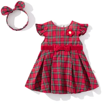 2023 Летнее платье для девочек Детские Платья в красную клетку в Британском стиле с повязкой на голову Детский костюм на Первый День рождения для малышей Детская одежда