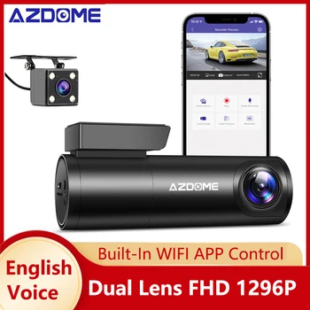 AZDOME Автомобильный Видеорегистратор с Голосовым Управлением Dash Cam с двумя Объективами 1296P HD Wi-Fi Dashcams Скрытая Автомобильная Камера Ночного Видения G-Сенсор Обнаружения Движения