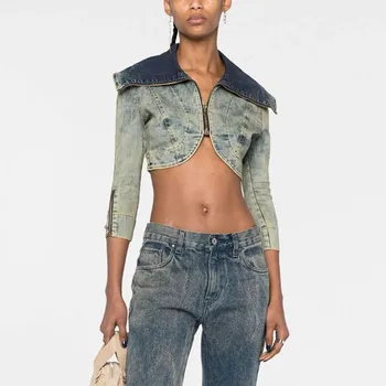 2023 Летняя Новая Женская куртка Y2k в стиле ретро с промытой строчкой, Модная Повседневная хлопковая джинсовая куртка с отворотом и длинными рукавами