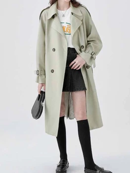 Тренч для женщин, весна-осень, Новое модное однотонное пальто в британском стиле, Двубортная ветровка средней длины, женская уличная одежда