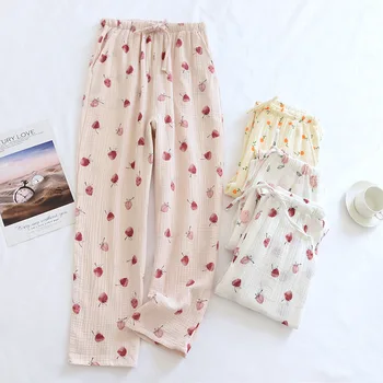 Пижамные Длинные брюки Женские тканые хлопчатобумажные брюки для кондиционирования воздуха, Свободные домашние боковые карманы, Весенние тонкие мягкие двухслойные низы, пижамы