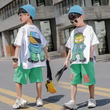 Летняя модная одежда для мальчиков-подростков, хип-хоп, корейская повседневная футболка, Шорты, комплекты из 2 предметов, красивый костюм с героями мультфильмов от 4 до 13 лет