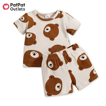 PatPat/Комплект Одежды из 2 предметов для новорожденных мальчиков и Девочек из 95% Хлопка, Топ с короткими рукавами в рубчик и шорты с рисунком Медведя из Мультфильма