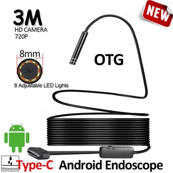8LED 8 мм HD720P 3 М USB Type-C Android эндоскоп камера жесткий провод/кабель USB TypeC камера для осмотра труб эндоскоп