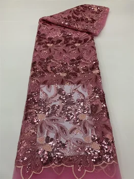 Розовое Нигерийское Французское Кружево с блестками, Африканский Тюль, Кружевная ткань 2023, Высококачественный Кружевной материал для вечернего платья, свадьба, 5 ярдов