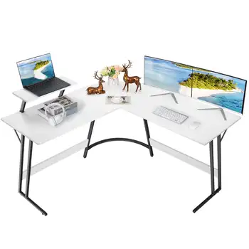 Современный белый компьютерный стол L-образной формы с небольшим столиком: идеально подходит для современных рабочих пространств