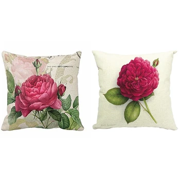 2X декоративная наволочка из цветочного льна, наволочка для домашнего дивана, декоративная (цветок розы и цветок розы 1)