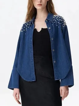 2023 Весенний новый Французский женский модный короткий джинсовый жакет с жемчугом, украшающий Женские синие топы-плащи с расклешенными рукавами