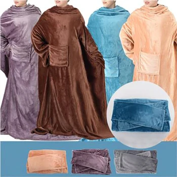 Женское И Мужское Теплое одеяло из мягкого кораллового флиса с рукавами для объятий, семейное зимнее теплое шерстяное одеяло, халат, шаль с рукавами