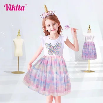 VIKITA Платья с бабочками для девочек, Детские костюмы с блестками, Детские платья с расклешенными рукавами для малышей, яркое платье для девочек, летняя одежда