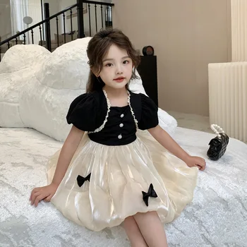 2023 Летнее платье Принцессы с пузырчатыми рукавами для девочек, Детский костюм для выступлений с короткими рукавами, Маленькое черное платье, Детская одежда