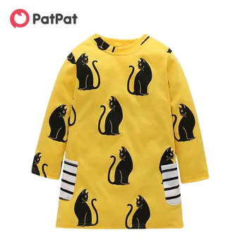 PatPat 2021, Весенне-осеннее платье в полоску с карманами и принтом милого кота для маленьких девочек, детская одежда