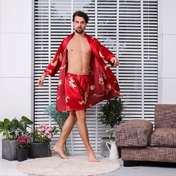 Мужской Красный атласный халат с принтом дракона, Шорты, Костюм, Пижамный комплект, Пижамный комплект из двух предметов, Повседневный домашний халат, Пижама