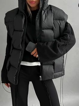 Утепленные Куртки без рукавов для женщин со Стоячим воротником, Винтажное Теплое Пальто, Черный Жилет, Куртки с Перекрестным Дизайном, Женская Зима 2023