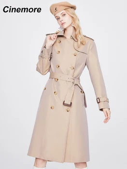 Cinemore/ новый женский тренч, длинное однотонное пальто, модная винтажная осенняя одежда sashe, Женская ветровка 92225