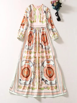 Подиумные модные осенние платья в стиле ретро для женщин, новинка 2023, дизайнерский принт, винтажное длинное Макси праздничное женское платье в повседневном стиле