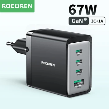 Rocoren 67W GaN Зарядное устройство Быстрая зарядка Type C PD USB Зарядное устройство для телефона QC 4,0 3,0 Портативное быстрое зарядное устройство для ноутбука iPhone 15 14 Pro