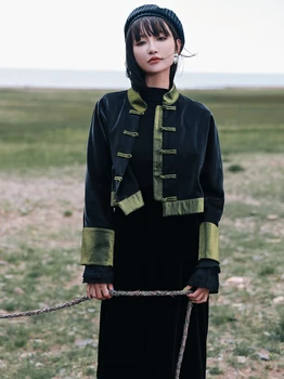 Короткое пальто с пряжкой в китайском стиле в стиле ретро, Женский Топ для Похудения в китайском стиле с длинным рукавом и высокой талией