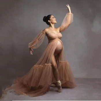 Сексуальное кружевное сетчатое перспективное платье для беременных с открытыми плечами, высокой талией, разрезным хвостом, Женский реквизит для фотосъемки, Vestidos