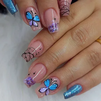 Накладные ногти с рисунком бабочки, синяя блестящая пудра, накладные ногти для девочек, женский маникюрный набор с полным покрытием