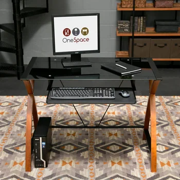Компьютерный стол из стекла и дерева с выдвижным лотком для клавиатуры, компьютерный стол