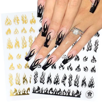 Голографическое пламя огня, 3D наклейки для ногтей, Слайдер, Золотые, Черные Летние Наклейки для маникюра, Украшения для ногтей своими руками, Декор LEBCB205