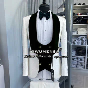 Новейший Роскошный Мужской костюм в деловом стиле, комплекты блейзеров из 3 предметов (белая жаккардовая куртка с цветочным рисунком + бархатный жилет + брюки) Terno Masculino