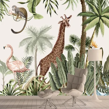 Обои на заказ Домашний декор Животные джунглей Обои для спальни Дети Нетканые виниловые фрески с жирафом и обезьяной стены в рулонах