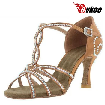 Женская обувь для латиноамериканских танцев Evkoodance Salsa из атласа Со стразами На Каблуке 8 см, Лидер продаж 2016 года, Танцевальная обувь Evkoo-055