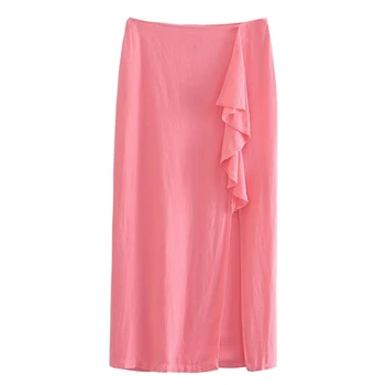 Увядшая Женская льняная розовая юбка с оборками, Модная Женская Прямая юбка Миди из хлопка в марокканском стиле в стиле ретро в марокканском стиле