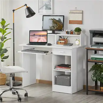 Чистый Белый Компьютерный стол с выдвижными ящиками и подставкой для клавиатуры: Деревянный Компьютерный стол для домашнего офиса - Коллекция Wooden Home Office