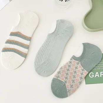 Новые Весенне-летние носки-невидимки из тонкого чесаного хлопка с двойной иглой для женщин, Модные полосатые бело-зеленые короткие носки-невидимки