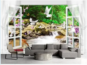 Изготовленная на заказ фреска 3d фотообои Пейзаж за окном водопад лес белый голубь обои для комнаты для стен 3 d в рулонах